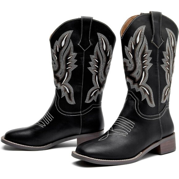 kkdom Women Black Cowboy Square Toe Western Cowgirl Mid Calf Boot - Picture 6 of 8